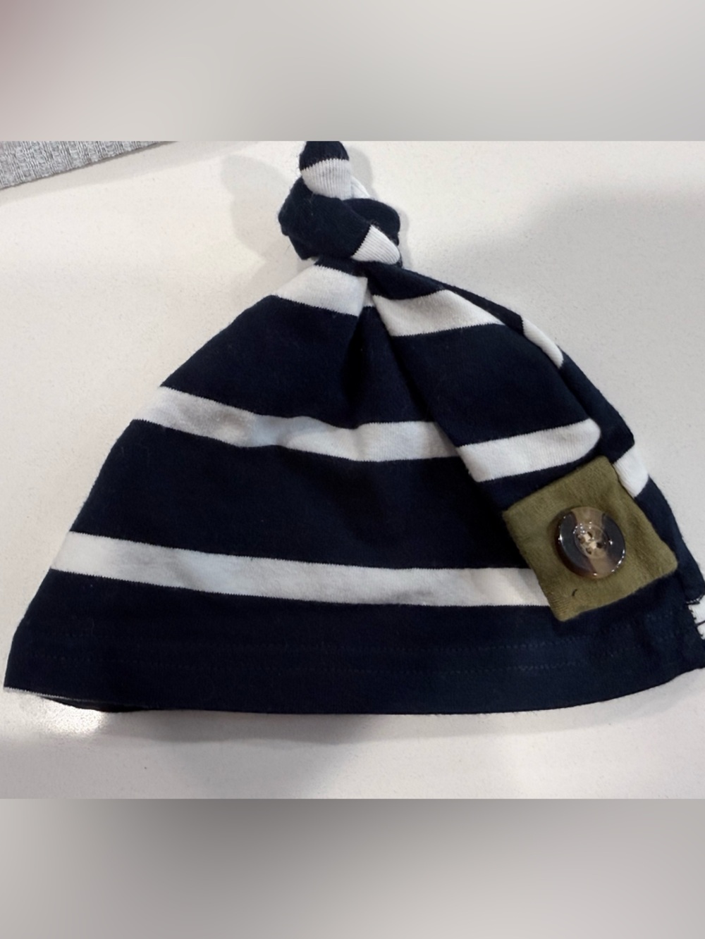 Striped Navy and White Knot Beanie